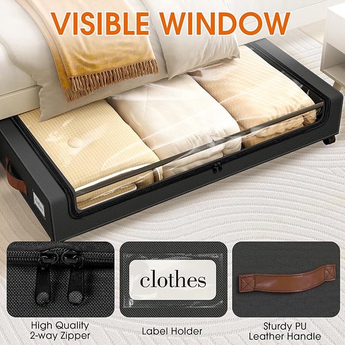 SpaceHacks Under Bed Storage with Wheels 1Pack Storage Containers with Clear Window&Label Under Bed Drawers Rolling Under Bed Storage for Clothes,Shoes, Blankets (30.71 x 16.93 x 6.69 in, Black)