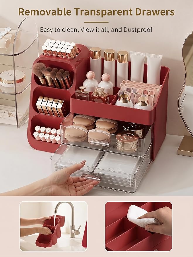 Booklov Large Makeup Organizer for Vanity Countertop, Red | Clear Acrylic Cosmetic Display Case, Beauty Brush Holder for Bathroom Counter, Make Up Skincare Lipsticks Storage