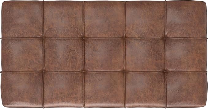 SIMPLIHOME Sienna 33" Wide Vegan Leather Storage Ottoman in Midnight Black | Distressed saddle brown, transitional ottoman with tufting and lift-up lid; rectangle storage bench for living room.