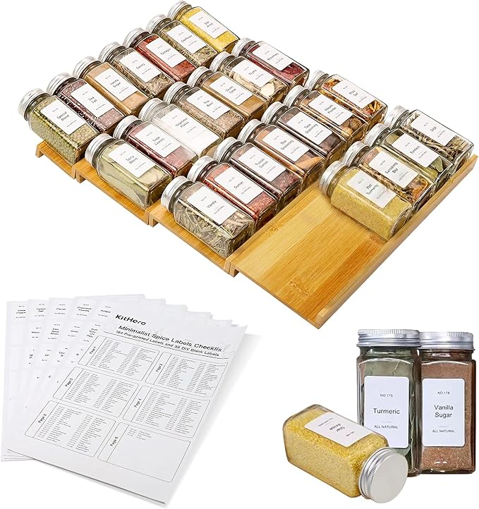 Spice Drawer Organizer with 28 Spice Jars and 216 Labels,Non-slip Rubber, Bamboo 4 Tier Spice Racks Tray Seasoning Containers for Kitchen Drawers,Cabinets,Countertops,13" Wide * 15.8" Deep