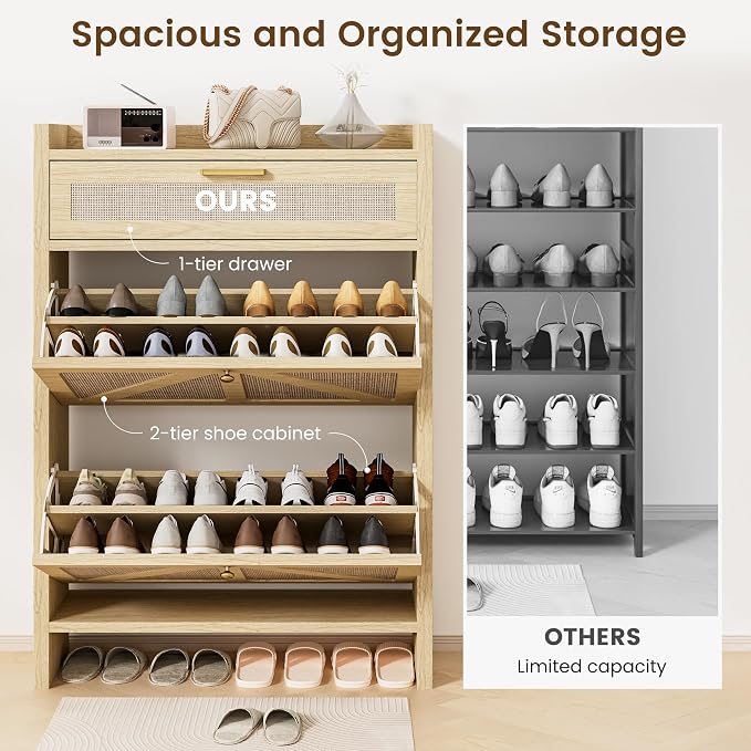 Rattan Shoe Storage Cabinet - Hidden Entryway Shoe Storage with Adjustable Shelf, Slim Shoe Organizer Cabinet with 2 Flip Drawers & 1 Drawer, Modern Shoe Cabinet Storage for Hallway Entrance