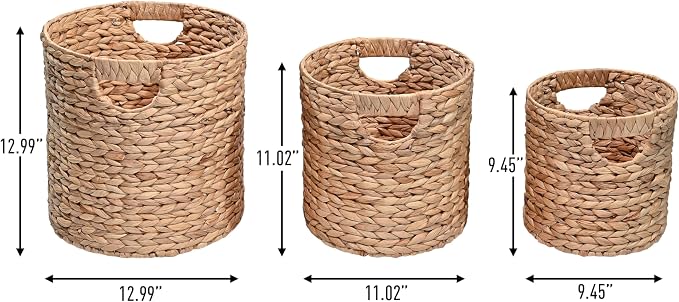 happimess Avery 3-Piece Cylinder Nesting Baskets 13", Natural | Hyacinth, Bohemian Cottage Style, Handwoven Wicker, Iron Metal Frame, Decorative Storage For Toys And Books, Built In Handles