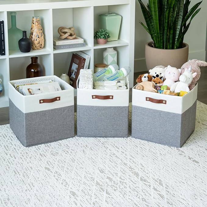 OrganiHaus 13x13 Cube Storage Bins, Set of 4 - Fabric Storage Cubes | Sturdy, holds its shape; odor-free; fits IKEA Kallax and Expedit; vegan leather handles
