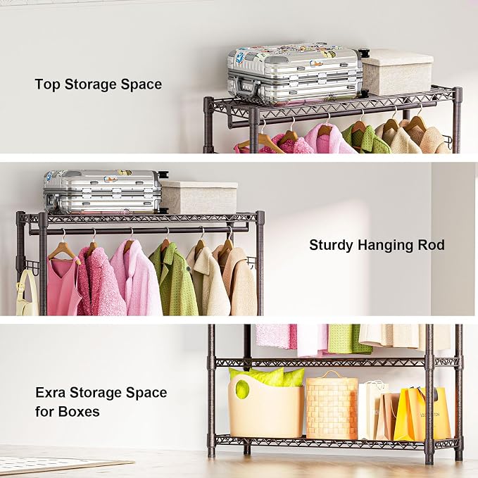 M MZG Heavy Duty Rolling Garment Rack 3 Tiers Adjustable Wire Shelving Clothes Rack with 1 Rods and Side Hooks,Storage Closet Clothing Rack Grey 15.7" D x 45.3" W x 72.4" H