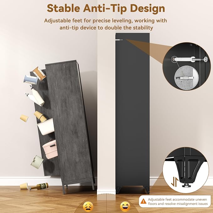 Polup 75" Pantry Cabinet, Tall Metal Storage Cabinet with Doors and Shelves | Black Kitchen Cabinet, 5 Adjustable Shelving, Heavy-Duty Steel, Louvered Doors, Gold Handles, for Garage Office & Laundry