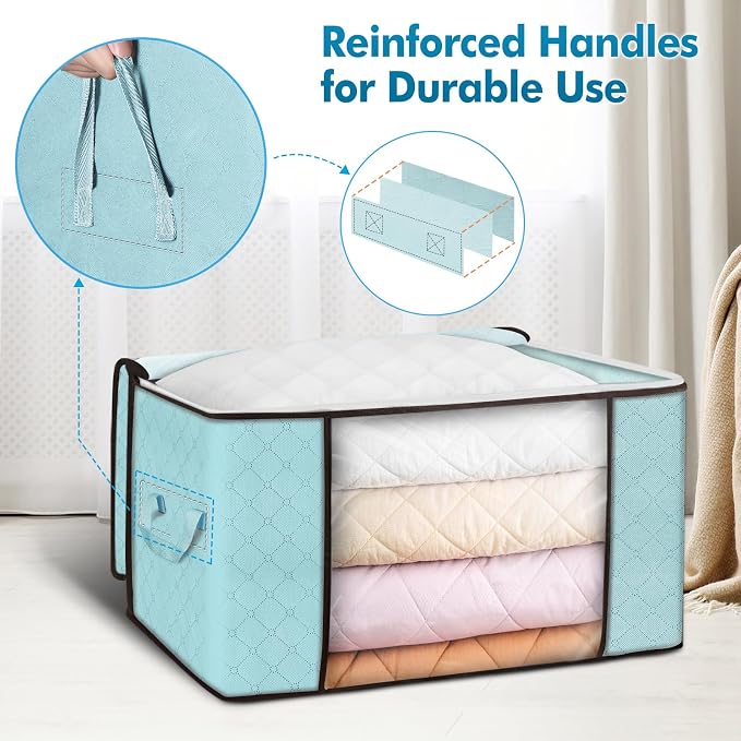 90L Large Storage Bags, 8 Pack Clothes Storage Bins Closet Organizers | Foldable Storage Containers, with Reinforced Handle, for Clothing, Blanket, Comforters, Bed Sheets, Pillows and Toys,Blue