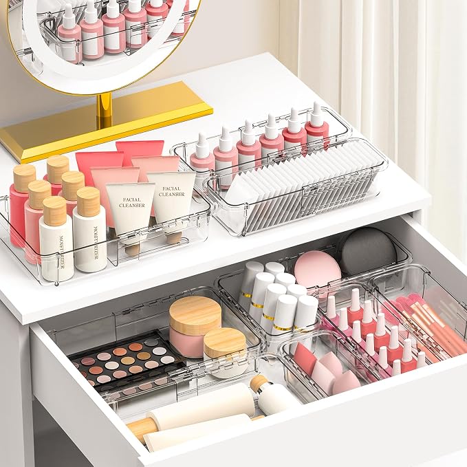 DILIBRA 12 Pcs Clear Extendable Drawer Organizer, Adjustable Drawer Storage 2-Size Desk Drawer Organizer, Plastic Non-Slip Storage Bins for Makeup Cosmetic Jewelries Utensils Stationery Dressers