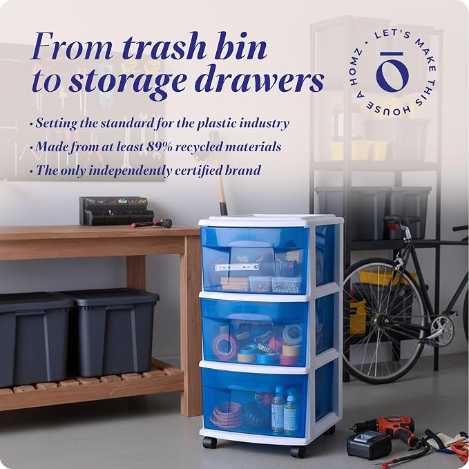 HOMZ 3-Drawer Storage Cart, Plastic Home & Office Organizer, Blue w/ White Frame