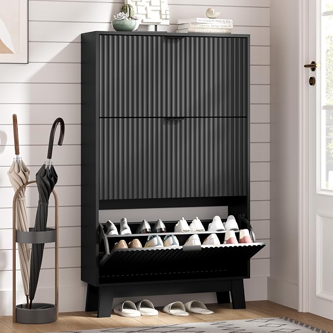 Shoe Cabinet Storage for Entryway with 3 Flip Drawers, Fluted Narrow Shoe Organizer with Wooden Legs, Freestanding Slim Shoe Storage Hidden Shoe Rack Organizer for Front Door Entrance, Hallway, Black