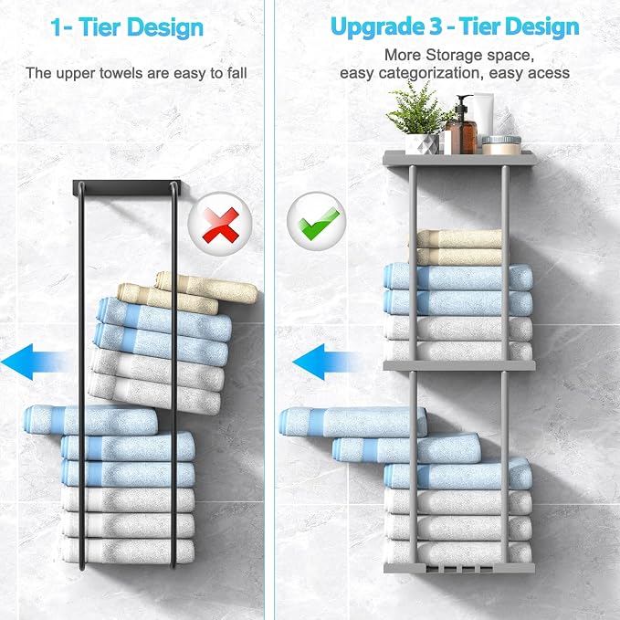 Liuoud Towel Rack for Bathroom, Wall Mounted Bath Towel Holder Storage Organizer for Rolled Towels, Vertical Towel Rack with Shelf Can Holds Up 6 Large Bath Towel (Grey, Larger Size)