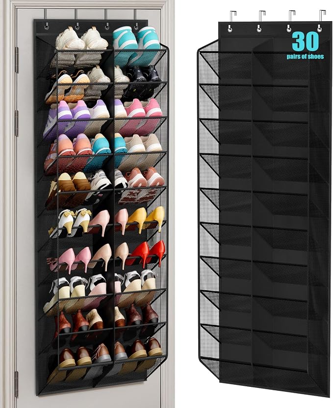 MISSLO 30 Pairs Over the Door Shoe Organizer Breathable Mesh Hanging Shoe Rack for Closet Storage with Wide Deep Pockets 10 Tier Shoes Holder Fit All the Family's Sneakers, Boots, Heels (Black, 71")