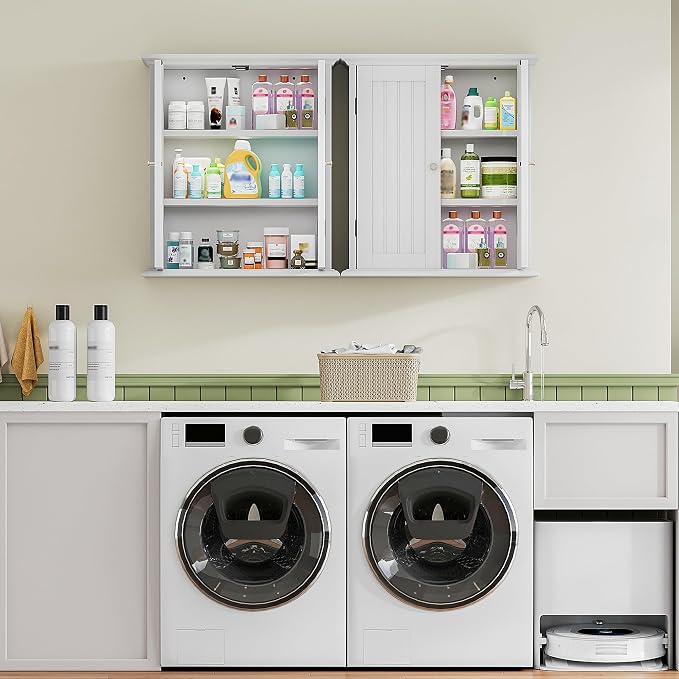 ChooChoo Bathroom Wall Cabinet with 2 Doors, Over The Toilet | 8.8"D x 21.1"W x 24"H, Medicine Cabinet, Adjustable Shelves, Cupboard, White