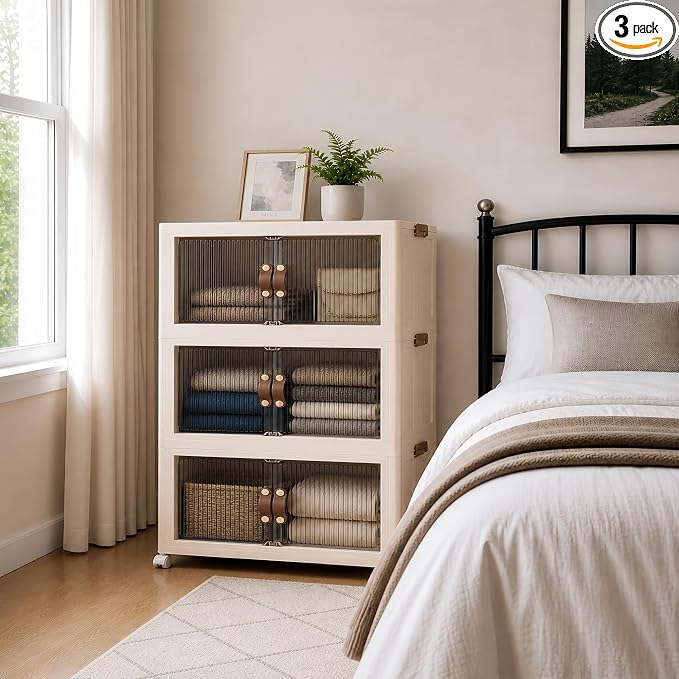 SAILUN 87Gal/348Qt Stackable Storage Bins Folding Collapsible Storage Bins with a Lid, Closet Organizers and Storage,Blush White 26" W x 17" D x 43.7" H