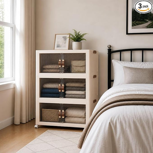 SAILUN 87Gal/348Qt Stackable Storage Bins Folding Collapsible Storage Bins with a Lid, Closet Organizers and Storage,Blush White 26" W x 17" D x 43.7" H