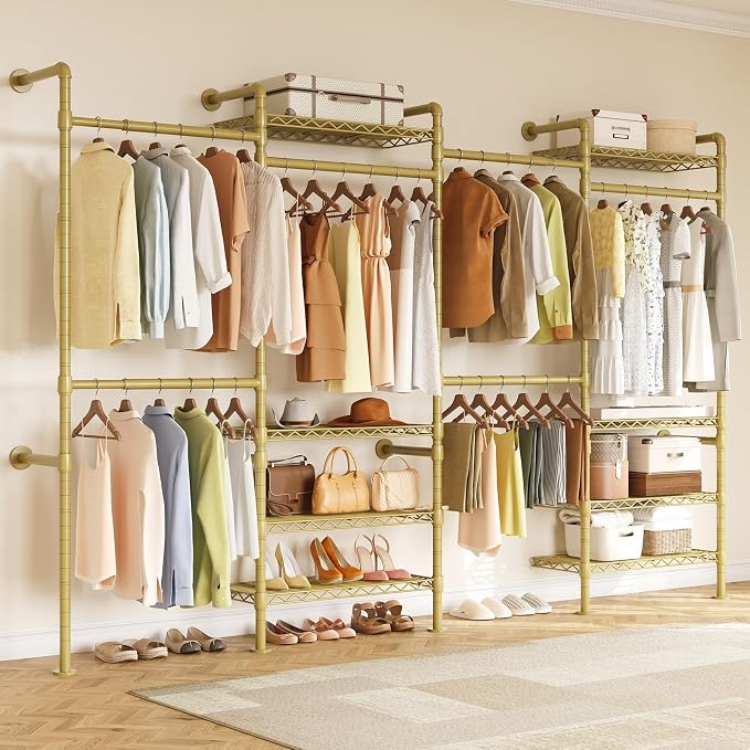 ONBRILL H4 Wall Mounted Closet System, Expandable Industrial Pipe Clothes Rack Clothing Rack for Hanging Clothes, Heavy Duty Closet Organizers and Storage in Wardrobe Closet - Gold