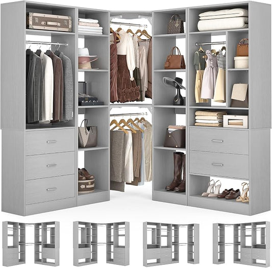 Besiost Corner Closet System with 5 Drawers, Closet Organizer System with 15+Shelvess & 4 Hanging Rods, 63.2"L * 63.2"W / 87.2"L * 39.2"W Reversible L Shaped Walk-in Closets, Load 2500+LBS, Grey