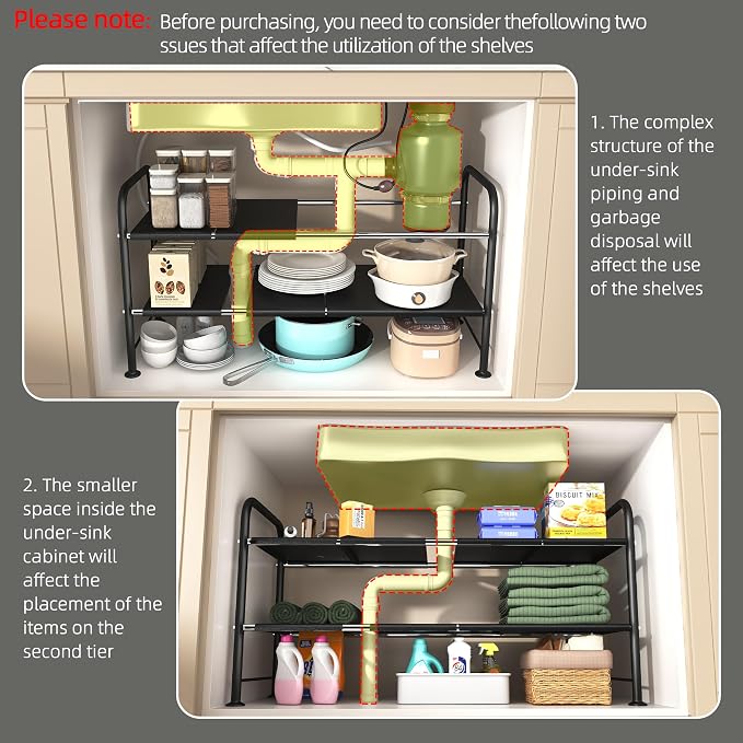 Under Sink Organizers and Storage,Expandable under cabinet organizer Shelf | 2 tier expandable shelf for kitchen and bathroom,8 Removable Carbon Steel Panels,27.36-36.02" W x 12.28" D x 16.93" H