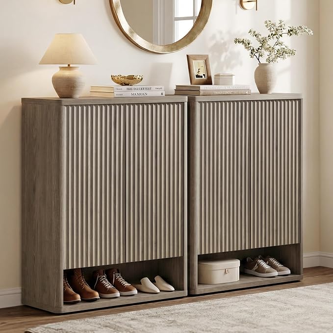 SICOTAS Shoe Cabinet 44 inch Tall Fluted Shoe Cabinet with Doors & 4 Shelves Wooden Large Hidden Shoe Storage Organizer Modern Free Standing 6-Tier Cabinet for Entryway Living Room Closet