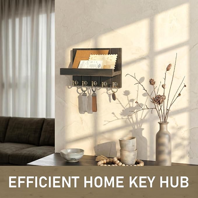 Rebee Vision Key Holder Wall Mount with Shelf for Office, Distressed Black | 3.54'' x 10'' x 7.28'', Pine Wood Construction, Farmhouse Key Holder for Wall, Mail Storage, Compact Space-Saving Design