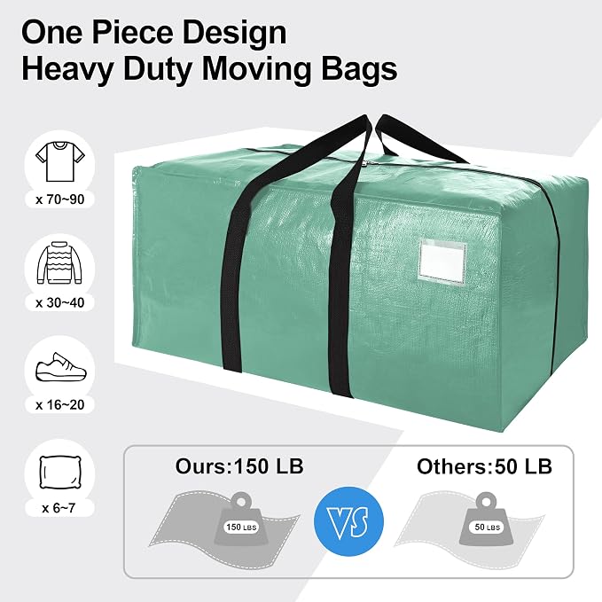 6 Pack Heavy Duty Extra Large Moving Bags W/Backpack Straps - Strong Handles & Zippers, Storage Totes For Space Saving, Fold Flat, Alternative to Box and Bin (40 gal, Teal)