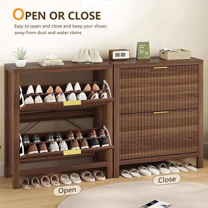 Fluted Shoe Cabinet Storage with 2 Flip Drawers for Entryway, Hallway | Narrow Shoe Rack Freestanding Shoe Organizer with Legs for Entryway，Hallway, Walnut