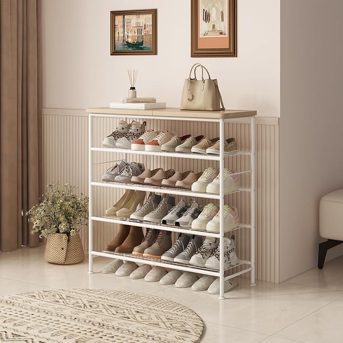 SUOERNUO 5 Tier Shoe Rack Organizer for Closet Shoe Storage for Entryway | Free Standing with MDF Top Board,Sturdy Metal Frame,Ideal for Living Room,Hallway White