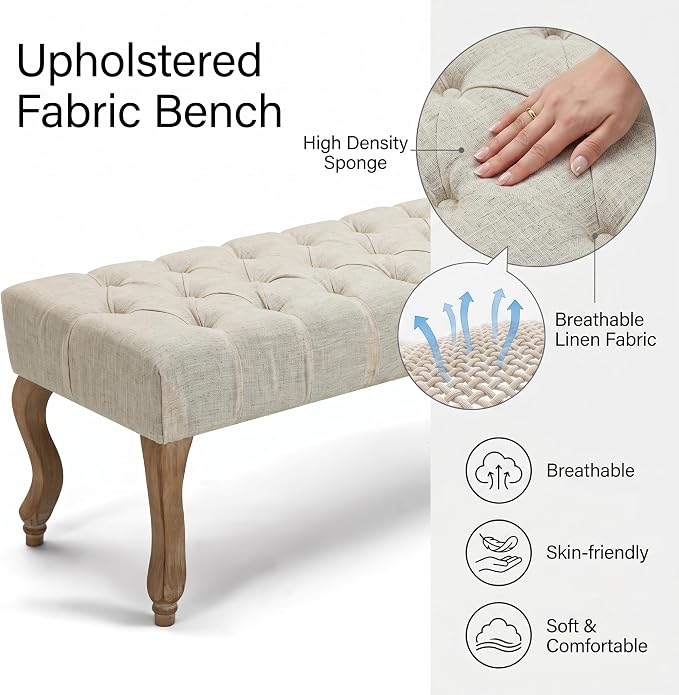 40" Accent Bench, Upholstered Tufted Ottoman Bench French Vintage Entryway Bench Linen Fabric Padded Bench with Distressed Wood Legs for Dining Room, Foyer, Living Room, Bedroom, Beige