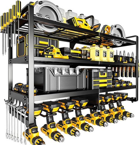 POKIPO Large Power Tool Organizer Wall Mount,4 Layers Heavy Duty Metal Loads 400lbs,Power Tool Shelf Battery Storage with 8 Cordless Drill Holder,Utility Racks for Garage Workshop