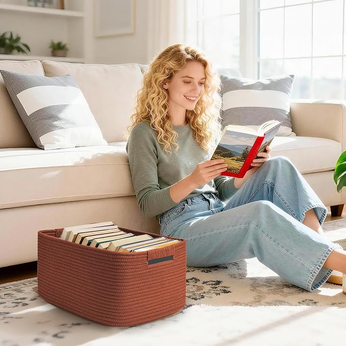 4 Pack Large Storage Basket for Organizing, 17.5"x13"x7" Woven Basket for Shelves, Closet Cube Storage Bins with Wrapped Handle, Cotton Rope Baskets for Kitchen, Clothes, Toys(Oxide Red)