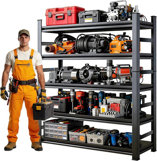 72''H Metal Garage Shelving Heavy Duty Storage Shelves Series, Large Industrial 5tier Shelving Unit for Basement, Business, Factories, Commercial, Warehouse and Workshop, with Side Retaining Bars