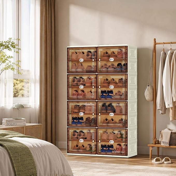 32 Pairs Shoes Storage Cabinet of 3-Step Fast Installation,Plastic Shoe Rack with Clear Magnetic Door for Display, Shoe Organizer for Sneaker, Sandals, Heels (2 Row, 8 Tier)