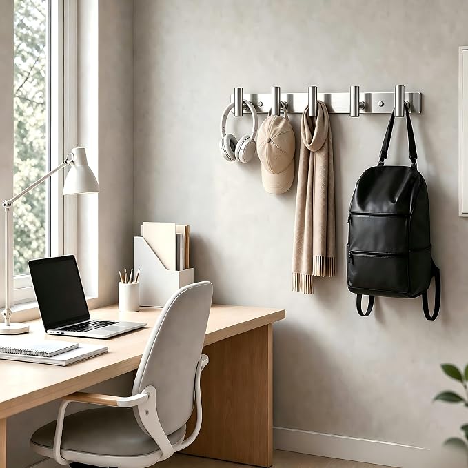 Wall Mounted Coat Rack-5 Hooks, Heavy Duty Stainless Steel Wall Hooks for Towel Coat Bag, Hat Rack Coat Hanger Coat Hooks Towel Racks for Bathroom Entryway Kitchen Hotel (Silvery, 1 Pack)