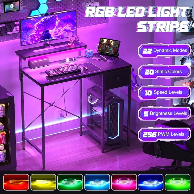 X-cosrack 33.5" Small Gaming Desk with LED Lights & Power Outlets, Compact Computer Desk with Monitor Stand & CPU Stand, Gamer Table with Storage Drawer, Side Hooks for Home Office, Bedroom, Black