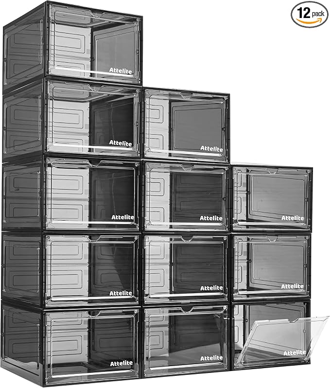 Attelite 12Pack Shoe Boxes Storage Stackable Clear Shoe Organizer Black | Clear Shoe Box for Sneakers Boots & Heels,X-Large,Thicken & Sturdy Plastic,Magnetic Door,Fit up to US Size 12,Easy Assembly
