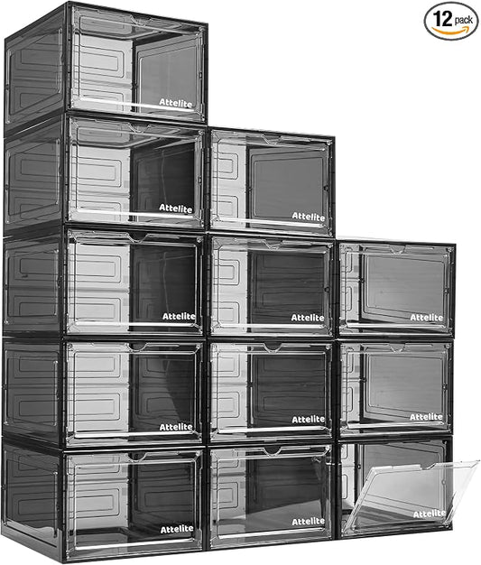 Attelite 12Pack Shoe Boxes Storage Stackable Clear Shoe Organizer Black | Clear Shoe Box for Sneakers Boots & Heels,X-Large,Thicken & Sturdy Plastic,Magnetic Door,Fit up to US Size 12,Easy Assembly