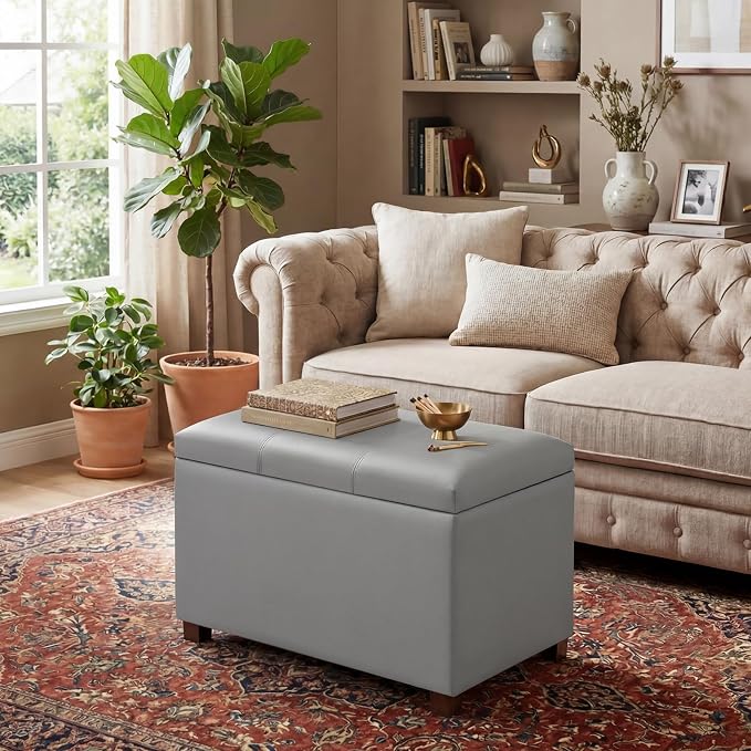 24" Leather Storage Ottoman Bench, Rectangle Foot Rest Stool for Living Room, Bedroom, Entryway, Grey