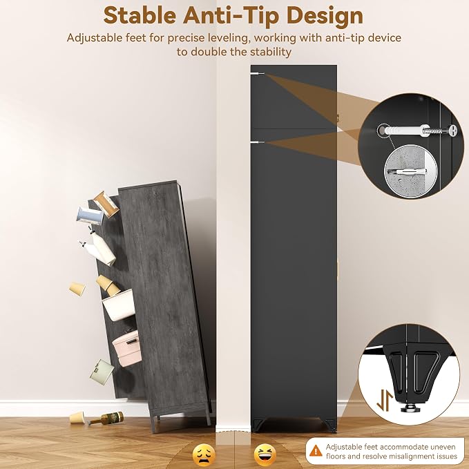 Polup 90" Tall Metal Kitchen Pantry Storage Cabinet with Doors and Shelves | Heavy-Duty Black Cabinet, 5 Adjustable Shelving, Gold Handles, Louvered Doors, for Dining Living Room, Bathroom & Garage