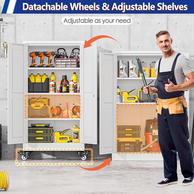GAIOUS Metal Garage Storage Cabinet with Lock and Wheels, 45.7" Tall Metal Storage Cabinets with Locked Door and 3 Adjustable Shelves, Rolling Tool Cabinet, Utility File Cabinet for Home Office, White