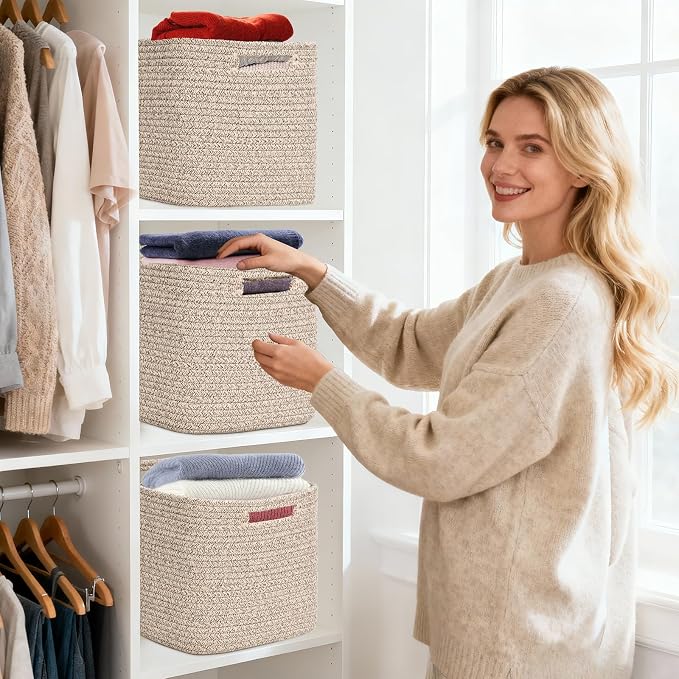 3 Pack Cube Storage Bin, 12”x12”x10” Cotton Rope Woven Baskets for Organizing Toys Clothes Towels, Square Gift Storage Baskets for Shelves, Nursery, Closet, Bathroom, Pantry (Jute)