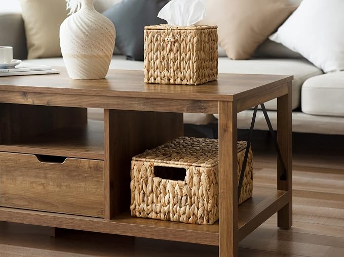 StorageWorks Water Hyacinth Baskets for Organizing, Wicker Storage Basket with Lid and Built-in Handles for Living Room (Medium, 1 Pack)