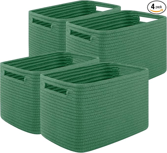 OIASKET 4Packs Natural Cotton Rope Storage Baskets for Organizing Toys, Clothes, Towels & Books, Soft Versatile Organizers for Shelves, Home Decorative Bins, 13''Lx9''Wx7.8''H, Green
