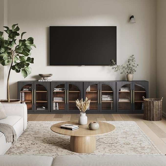 BELLEZE 4-Piece Modular TV Stand Set -Modern Entertainment Center with Arched Glass Door,Sideboards with Storage and Adjustable Shelves,Classic Media Console Table Cabinet for Living Room (Ebony)