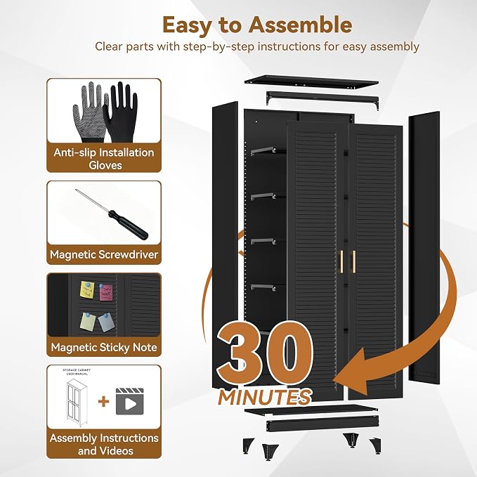 Polup 75" Pantry Cabinet, Tall Metal Storage Cabinet with Doors and Shelves | Black Kitchen Cabinet, 5 Adjustable Shelving, Heavy-Duty Steel, Louvered Doors, Gold Handles, for Garage Office & Laundry