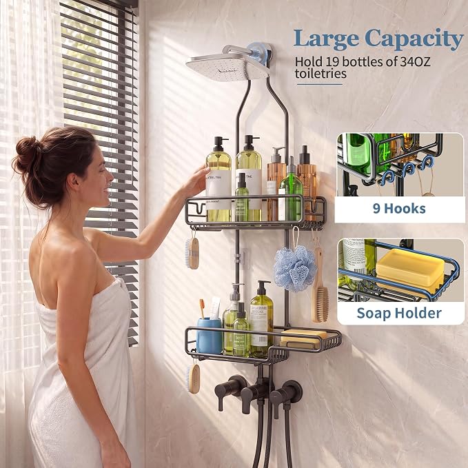 Skyapex Hanging Shower Caddy Bathroom Organizer - Over The Shower Head Adjustable Rack for Tall Showerheads, Extra Large Storage Shelf with Soap Holder for Big Shampoo Bottles