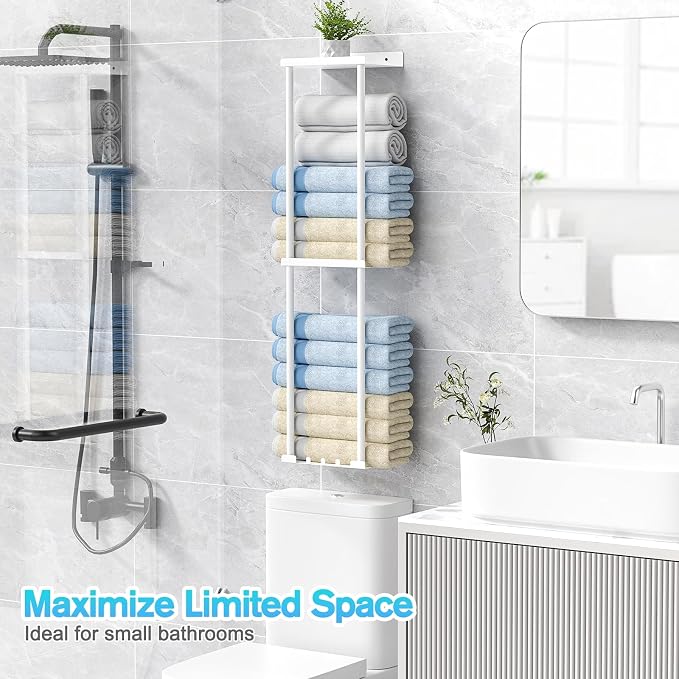 Liuoud Towel Rack for Bathroom, Wall Mounted Vertical Rolled Towel Storage Organizer Holder with Shelf, Holds Up 6 Large Bath Sheets, White