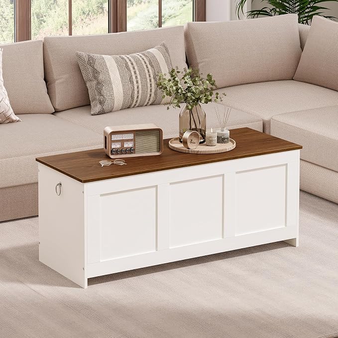 HOOBRO Storage Bench, 47.2" Retro Wooden Storage Chest, Wooden Storage Trunk, Toy Chest with Lift Top, Multifunctional Entryway Organizer, for Entryway, Living Room, White and Walnut WH412CW01