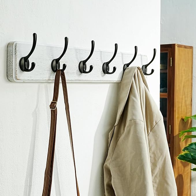 Wall Mounted Coat Rack: 24" Long, Patented, Heavy-Duty, 6-Double-Hooks Wooden Hanger Rail for Winter Coats, Hat, Jacket, Clothing - White & Black, Pack of 2