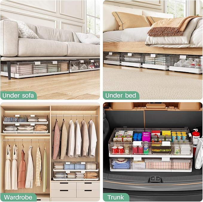 Kitstorack 2 Pack Plastic Under Bed Storage Bins with Lids and 8 Pre-installed Wheels,Rolling Low Rrofile Under bed Containers Box for Clothes Shoes, 37.8 Qt, Long, Clear, Flat, Large