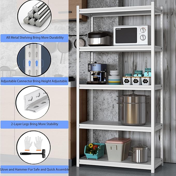 5 Tier Metal Storage Shelves Adjustable Garage Shelving, Heavy Duty Industrial Utility Rack Organization for Kitchen, Pantry, Closet, Garage, Office (White)