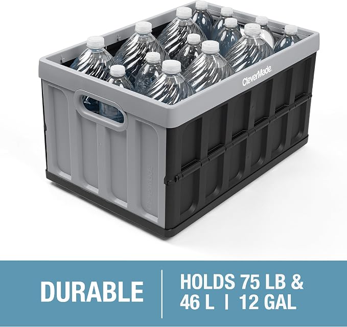 CleverMade Collapsible Storage Bins with Lids, 46L, 3 Pack, Stone | Each bin supports 75 lb and stacks with or without its lid. The lid stores underneath, and the crate folds to 2.5 inches.